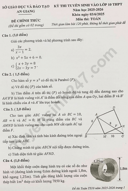 Đề thi tuyển sinh Toán vào lớp 10 An Giang năm 2025