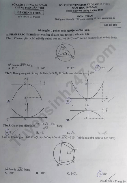Đề thi tuyển sinh Toán vào lớp 10 Cần Thơ năm 2025
