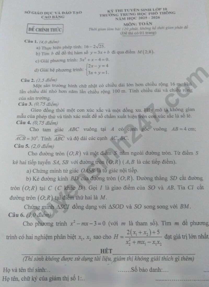 Đề thi tuyển sinh Toán vào lớp 10 Cao Bằng năm 2025