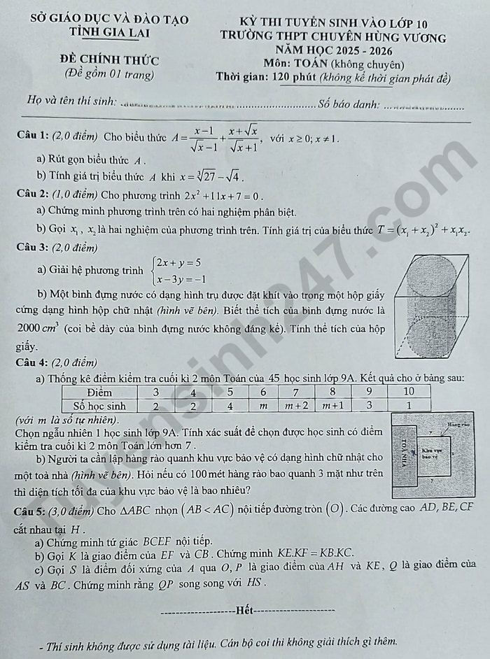 Đề thi tuyển sinh Toán vào lớp 10 Gia Lai năm 2025