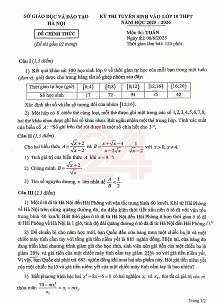 đề thi tuyển sinh Toán vào lớp 10 Hà Nội năm 2025