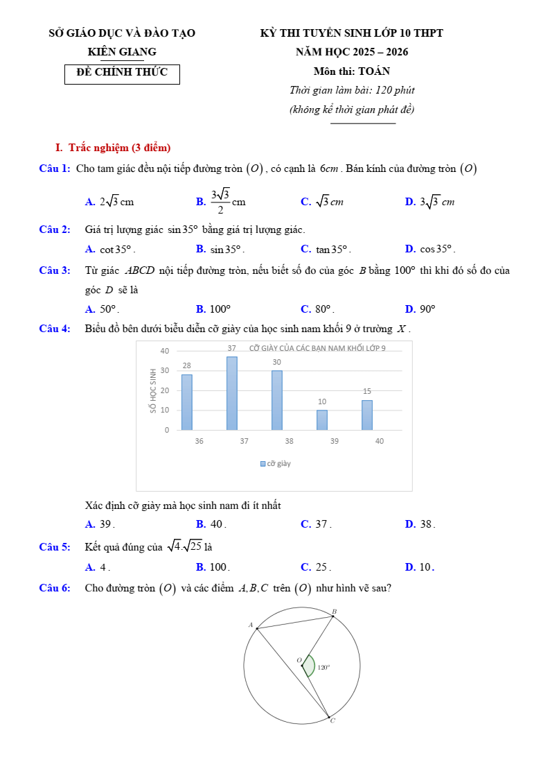 Đề thi tuyển sinh Toán vào lớp 10 Kiên Giang năm 2025