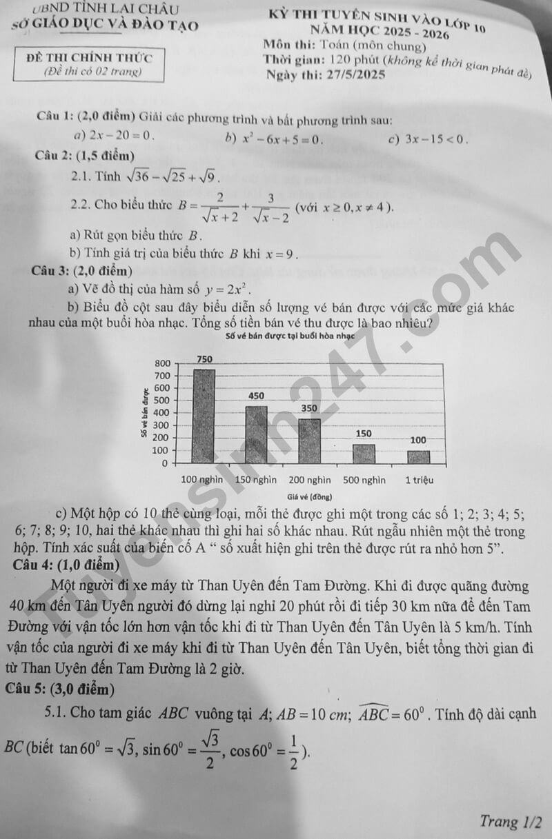 Đề thi tuyển sinh Toán vào lớp 10 Lai Châu năm 2025