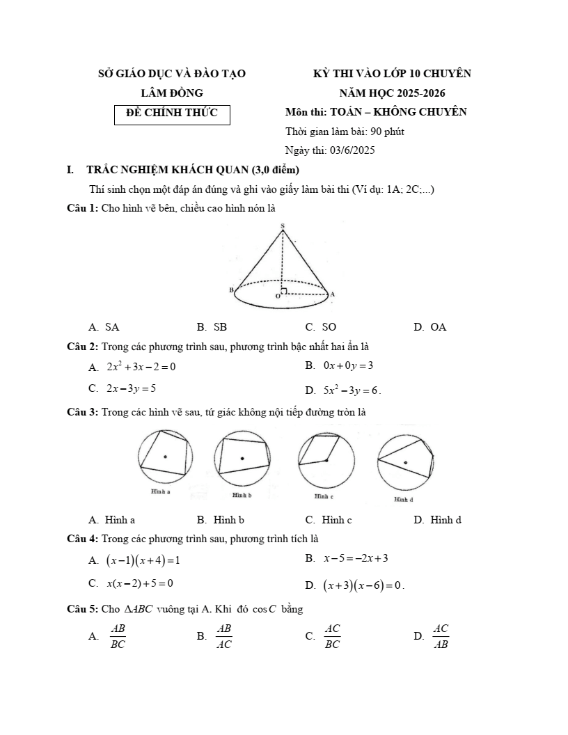 Đề thi tuyển sinh Toán vào lớp 10 Lâm Đồng năm 2025