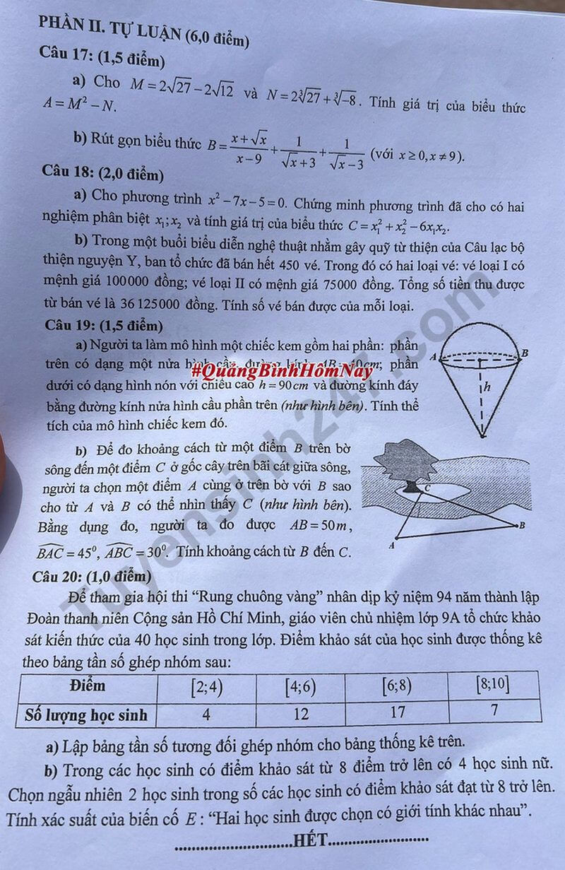 Đề thi tuyển sinh Toán vào lớp 10 Quảng Bình năm 2025