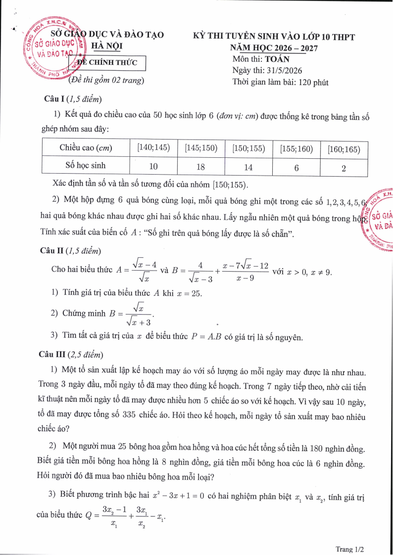 Giải Đề tuyển sinh vào lớp 10 Toán Hà Nội năm 2026