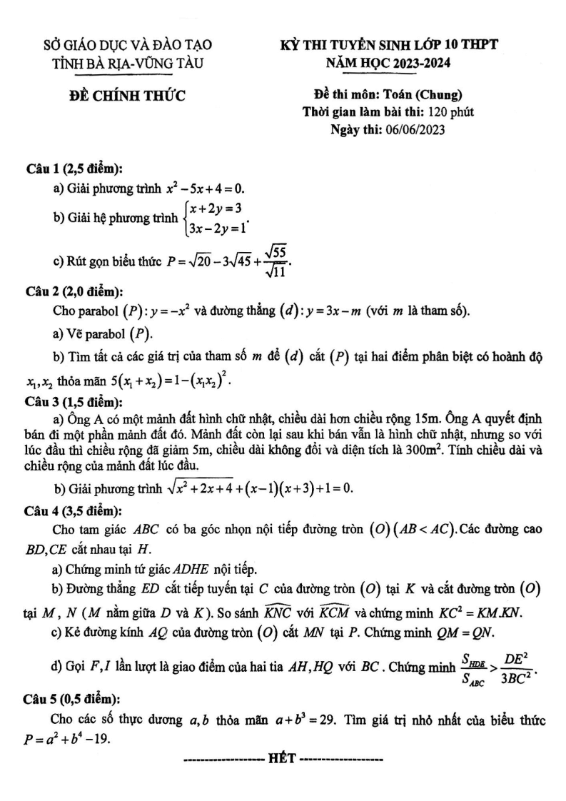 Đề thi vào 10 Toán Bà Rịa - Vũng Tàu năm 2023