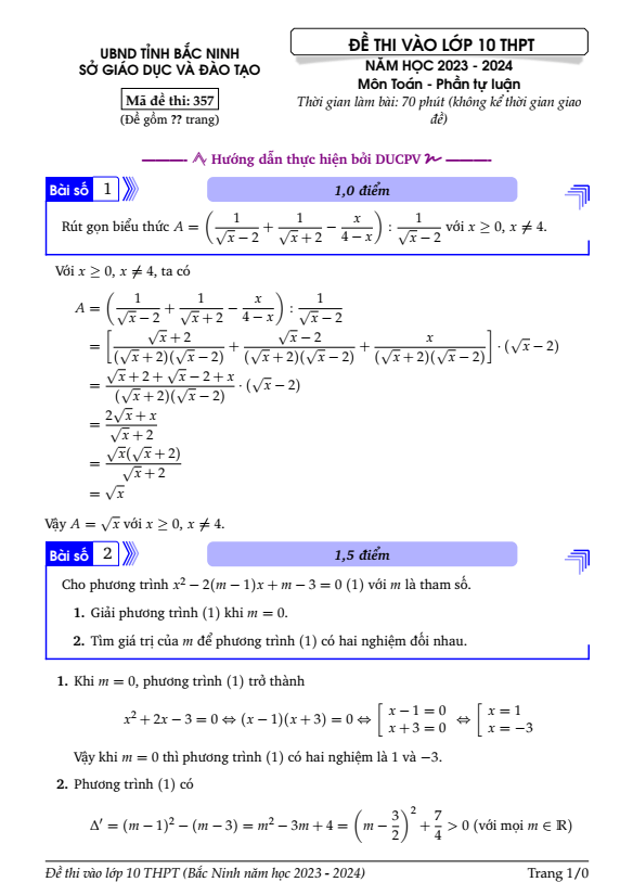 Đề thi vào 10 Toán Bắc Ninh năm 2023