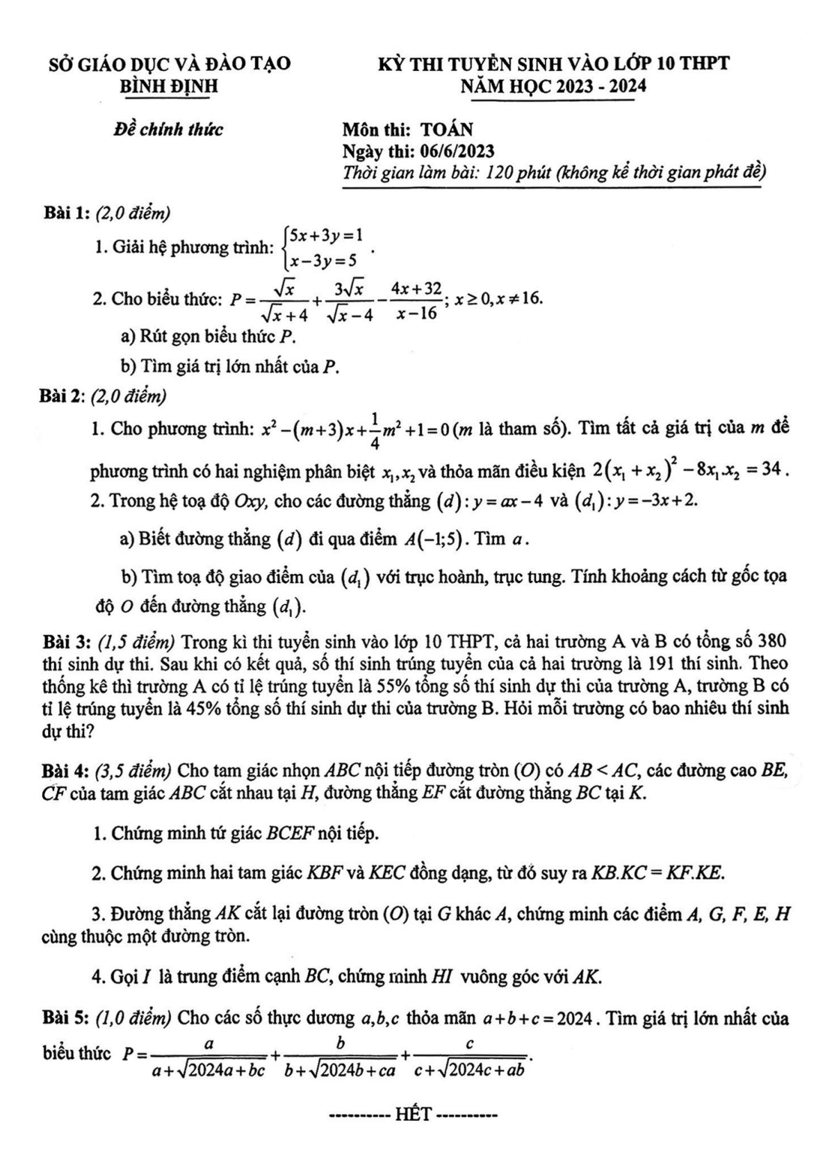 Đề thi vào 10 Toán Bình Định năm 2023