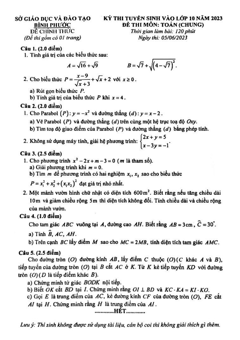 Đề thi vào 10 Toán Bình Phước năm 2023