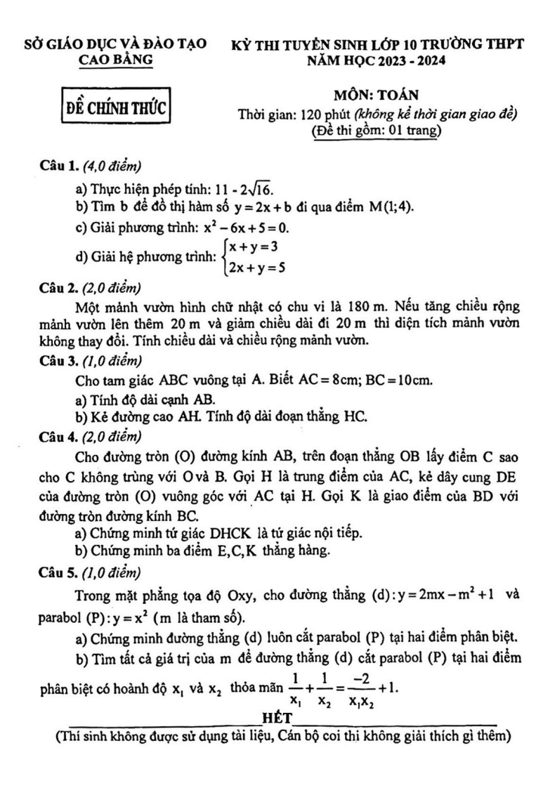 Đề thi vào 10 Toán Cao Bằng năm 2023