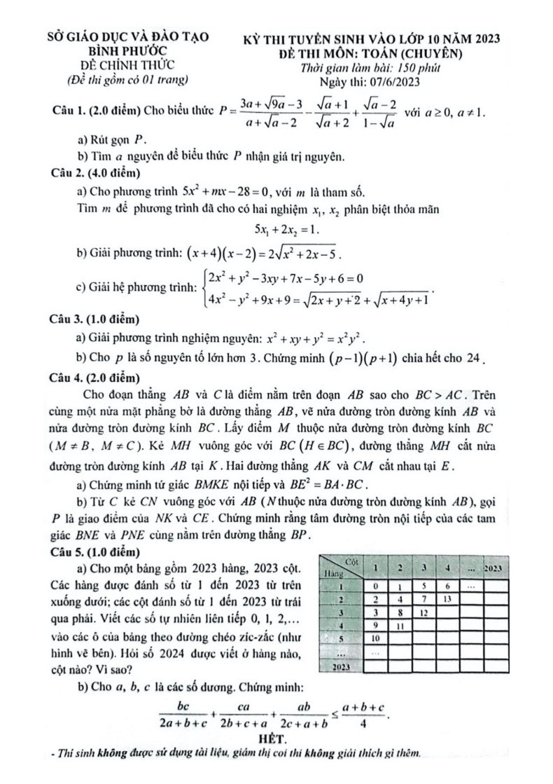 Đề Toán chung vào 10 THPT Chuyên Bình Phước năm 2023