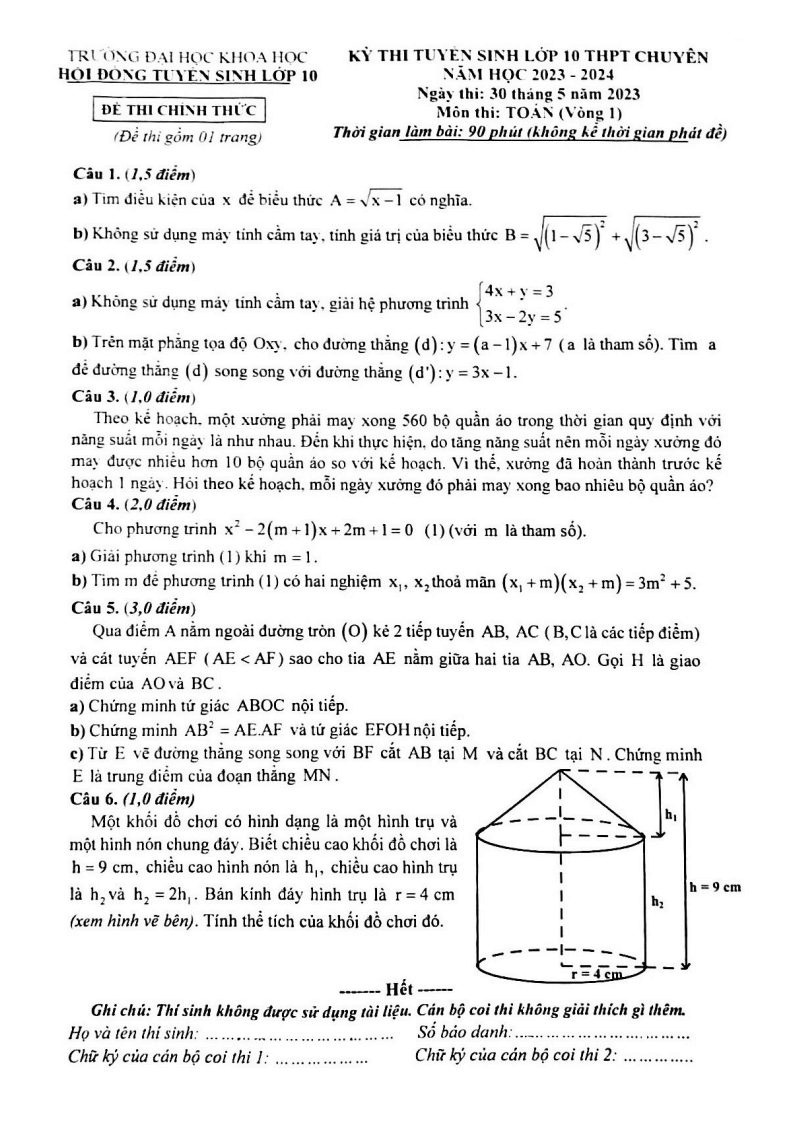 Đề Toán chung vào 10 THPT Chuyên ĐH Khoa học Huế năm 2023