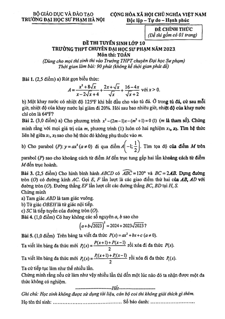 Đề Toán chung vào 10 THPT Chuyên ĐH Sư phạm Hà Nội năm 2023
