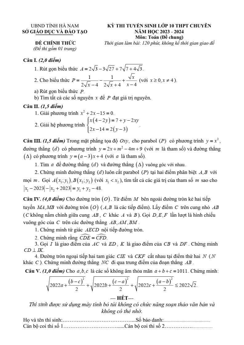 Đề Toán chung vào 10 THPT Chuyên Hà Nam năm 2023