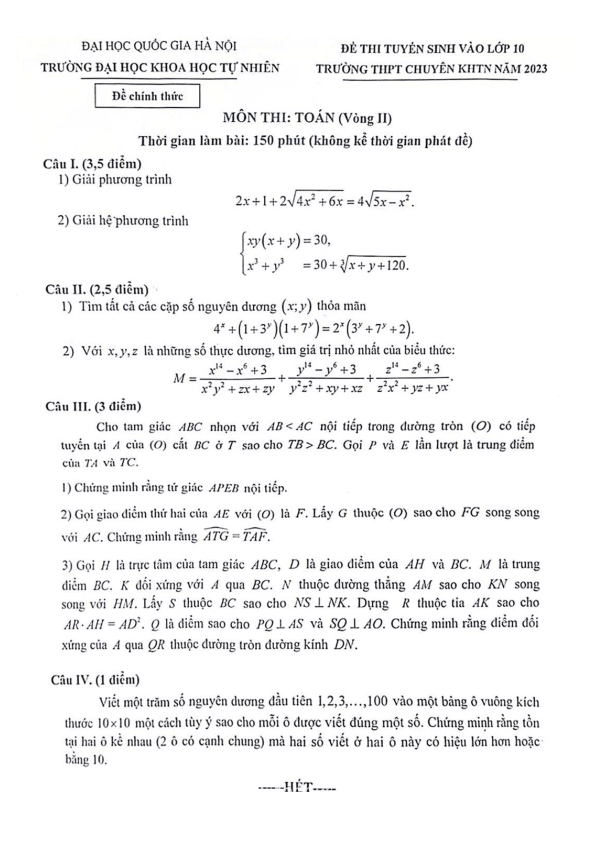Đề Toán chung vào 10 THPT Chuyên Khoa học tự nhiên năm 2023 (đề 2)