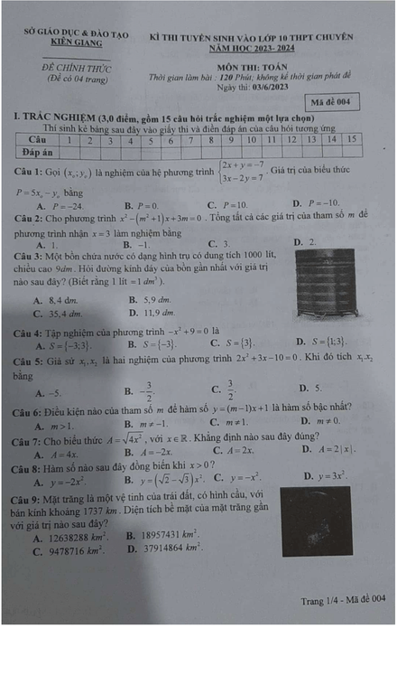Đề Toán chung vào 10 THPT Chuyên Kiên Giang năm 2023