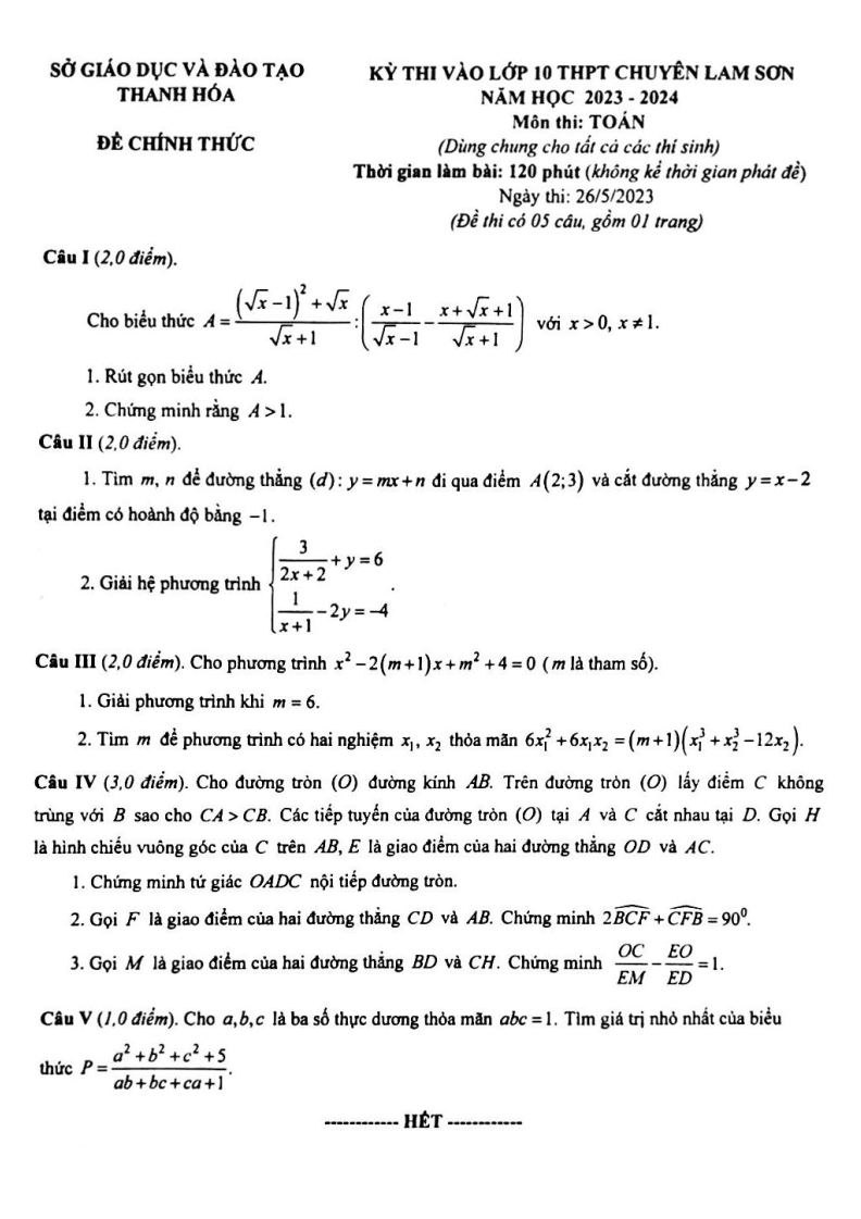 Đề Toán chung vào 10 THPT Chuyên Lam Sơn (Thanh Hóa) năm 2023