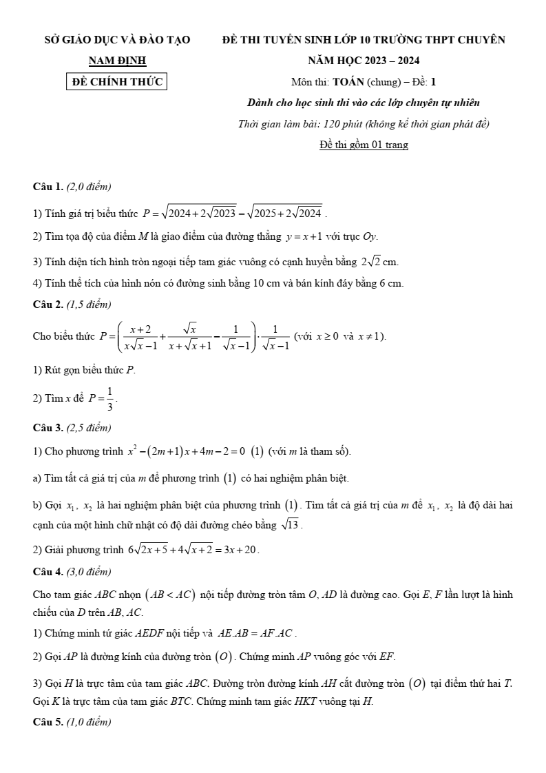 Đề Toán chung vào 10 THPT Chuyên Nam Định (khối Tự nhiên) năm 2023