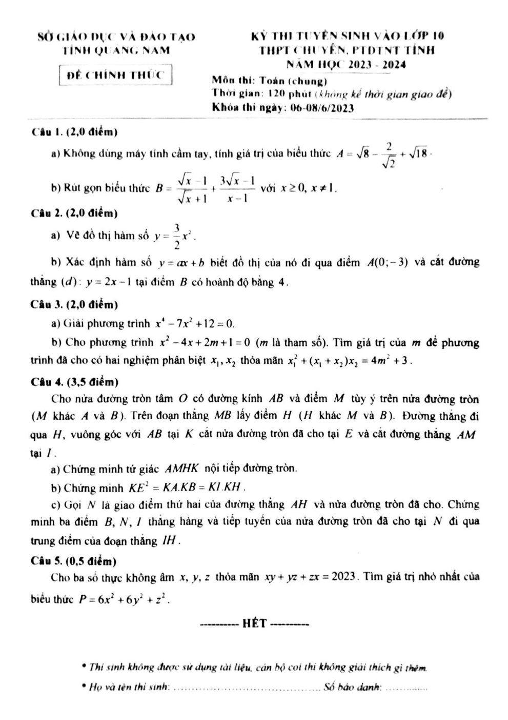Đề Toán chung vào 10 THPT Chuyên Quảng Nam năm 2023