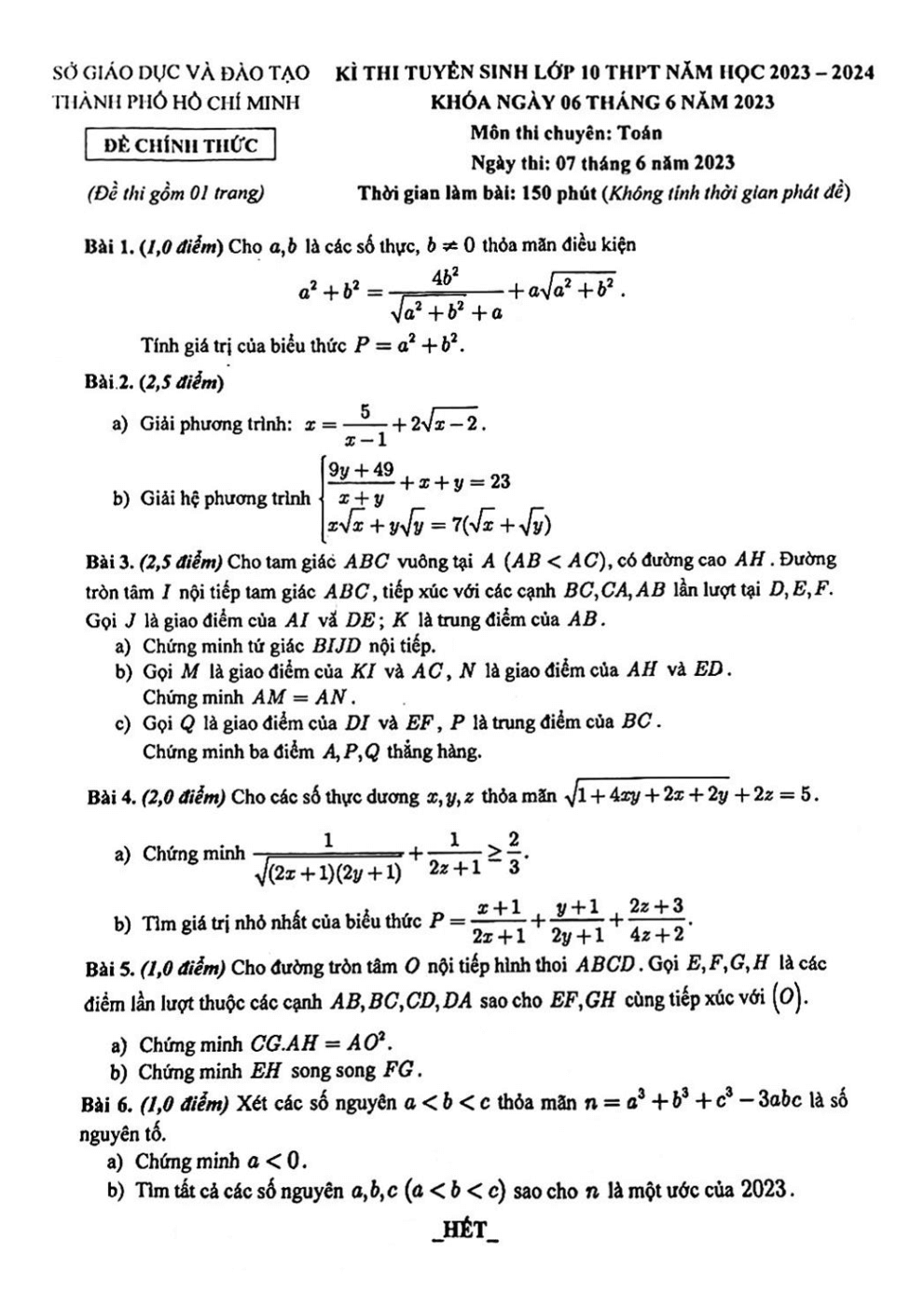 Đề Toán chung vào 10 THPT Chuyên TP Hồ Chí Minh năm 2023
