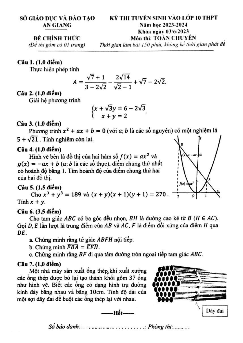 Đề thi vào 10 Toán chuyên An Giang năm 2023