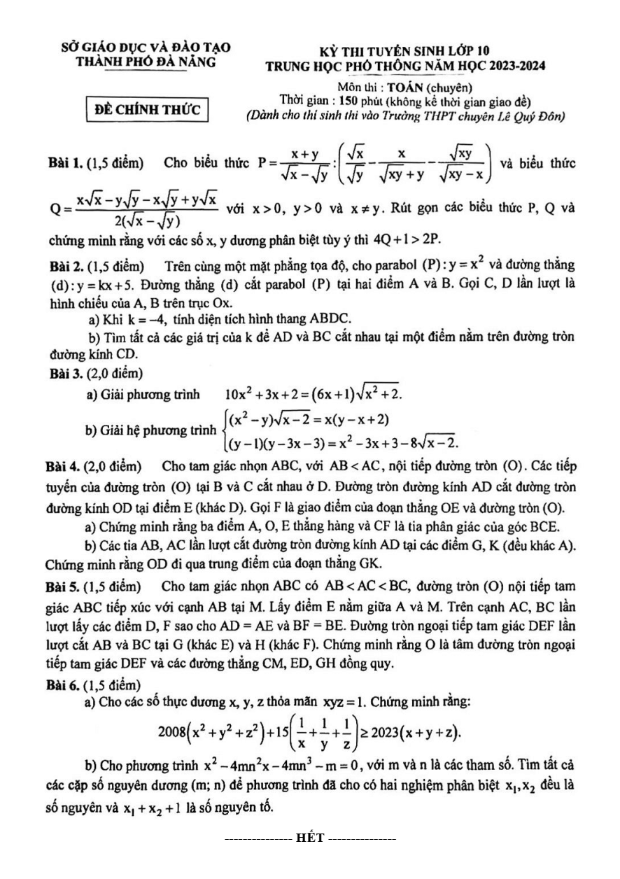 Đề thi vào 10 Toán chuyên Tp Đà Nẵng năm 2023