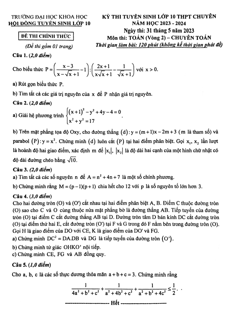 Đề thi vào 10 Toán chuyên ĐH Khoa học Huế năm 2023