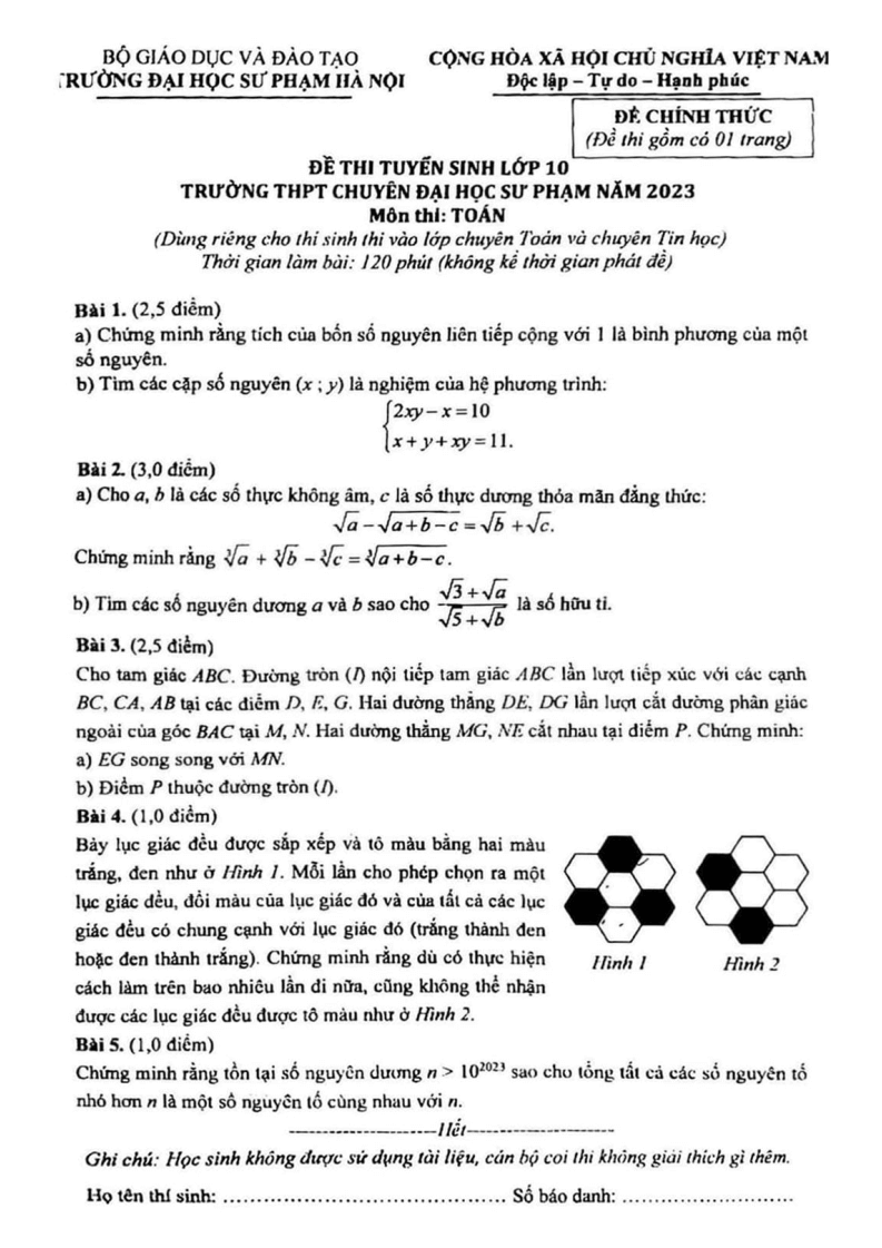 Đề thi vào 10 Toán chuyên ĐH Sư phạm Hà Nội năm 2023