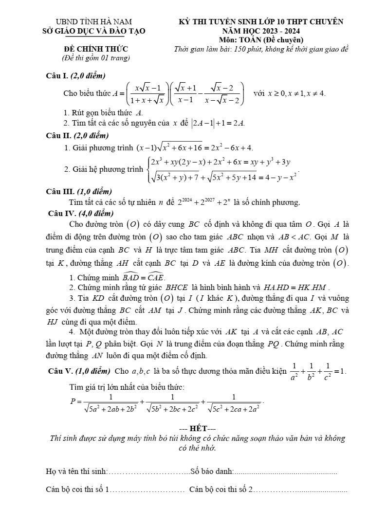 Đề thi vào 10 Toán chuyên Hà Nam năm 2023
