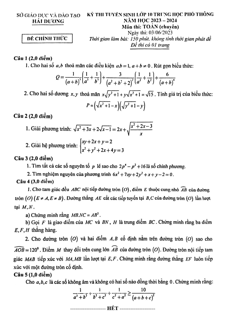 Đề thi vào 10 Toán chuyên Hải Dương năm 2023
