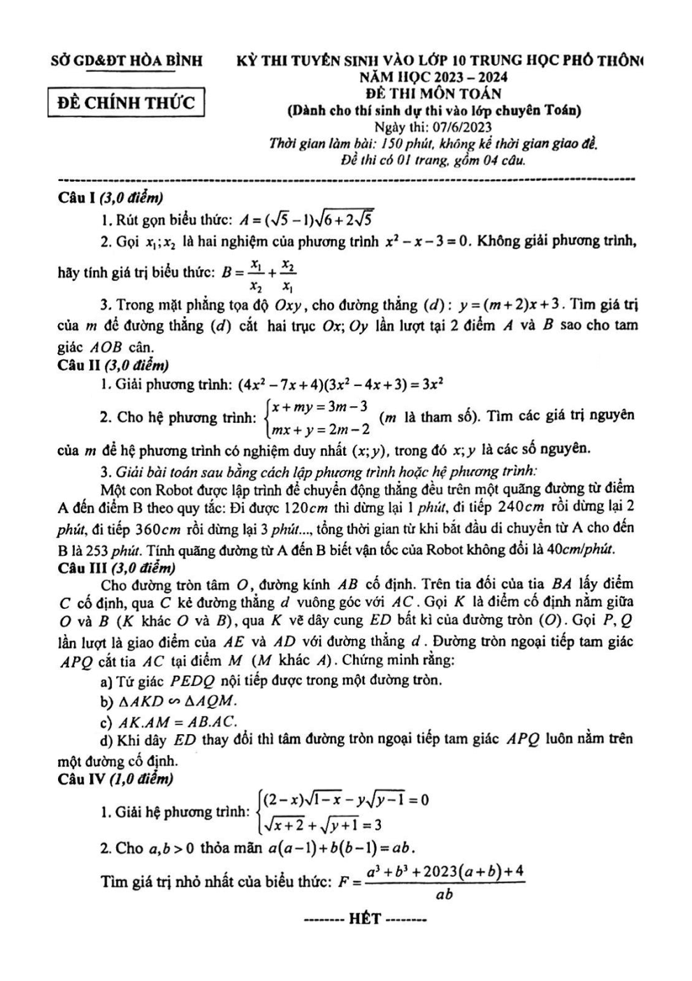 Đề thi vào 10 Toán chuyên Hòa Bình năm 2023