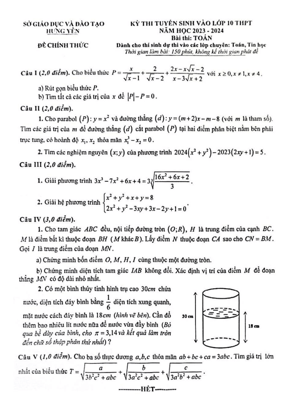 Đề thi vào 10 Toán chuyên Hưng Yên năm 2023