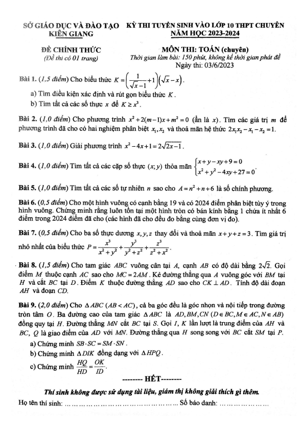 Đề thi vào 10 Toán chuyên Kiên Giang năm 2023