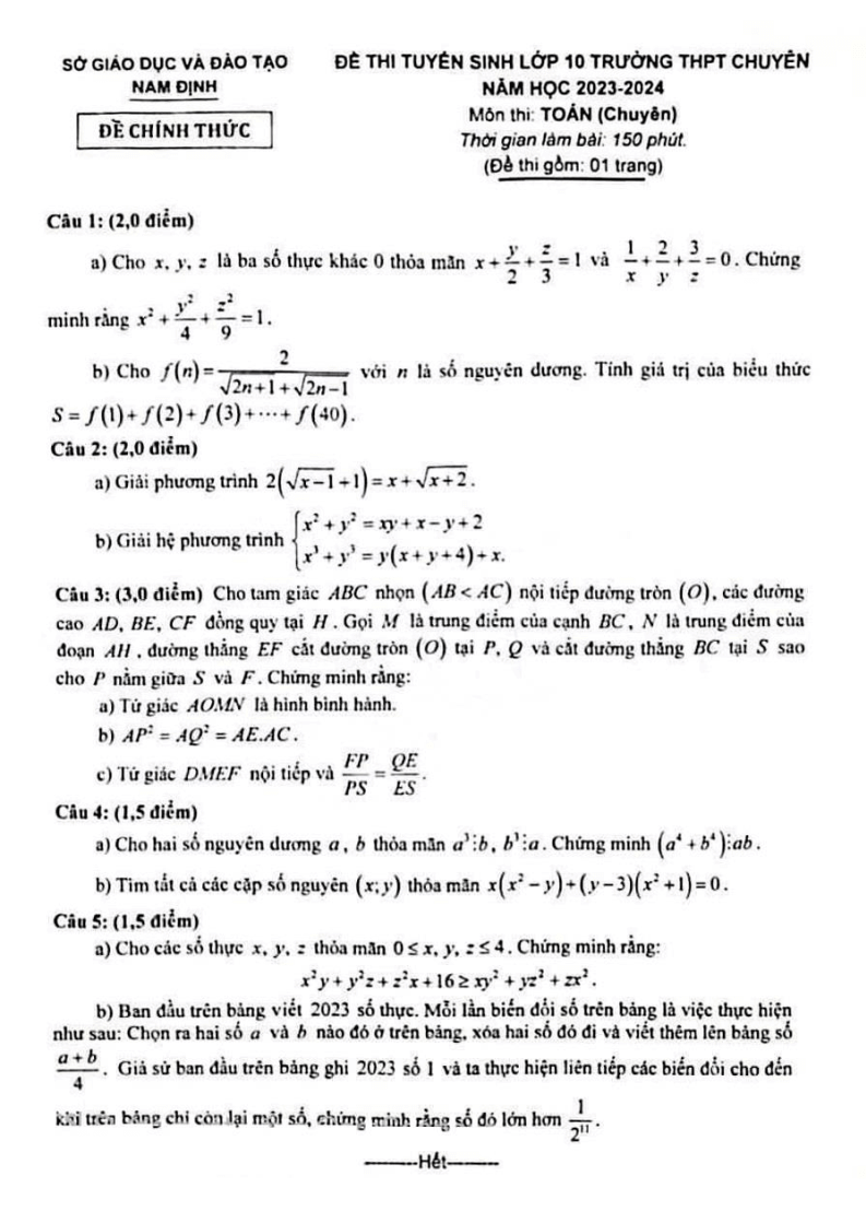 Đề thi vào 10 Toán chuyên Nam Định năm 2023