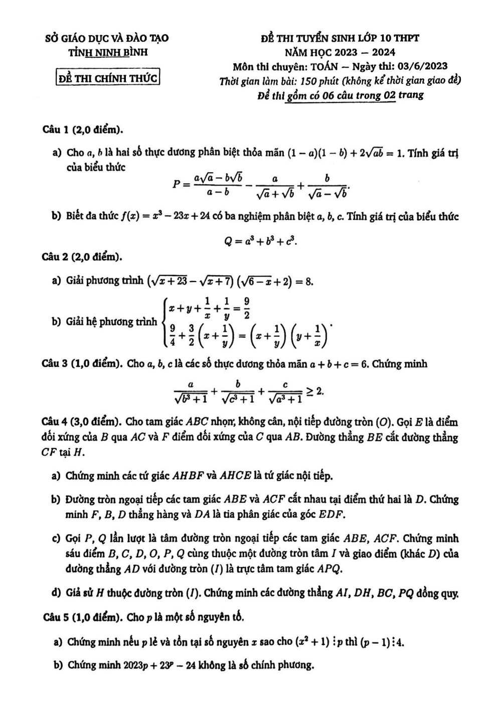 Đề thi vào 10 Toán chuyên Ninh Bình năm 2023