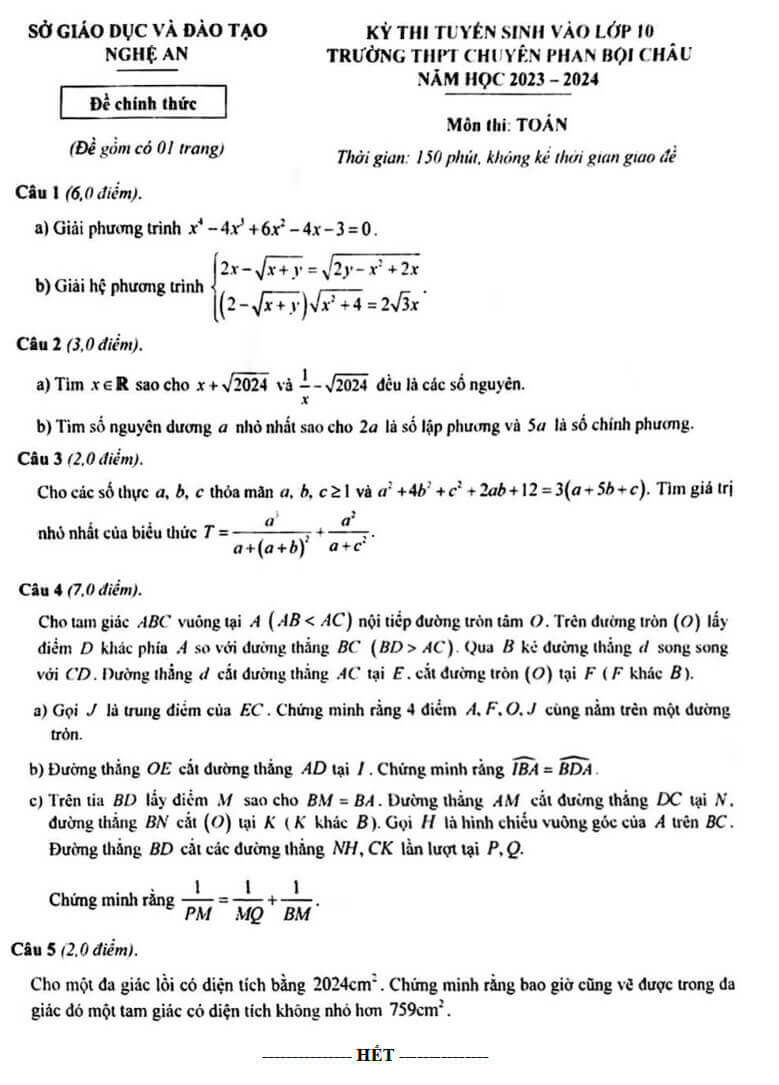 Đề thi vào 10 Toán chuyên Phan Bội Châu (Nghệ An) năm 2023