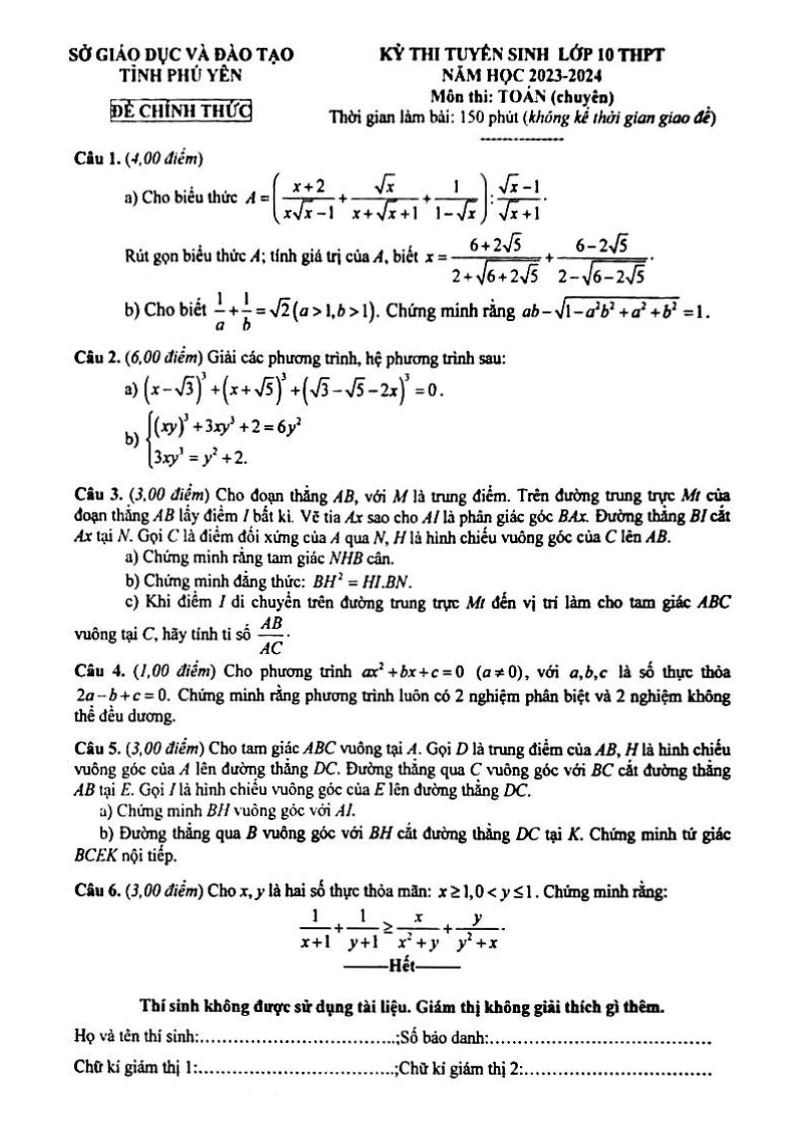 Đề thi vào 10 Toán chuyên Phú Yên năm 2023