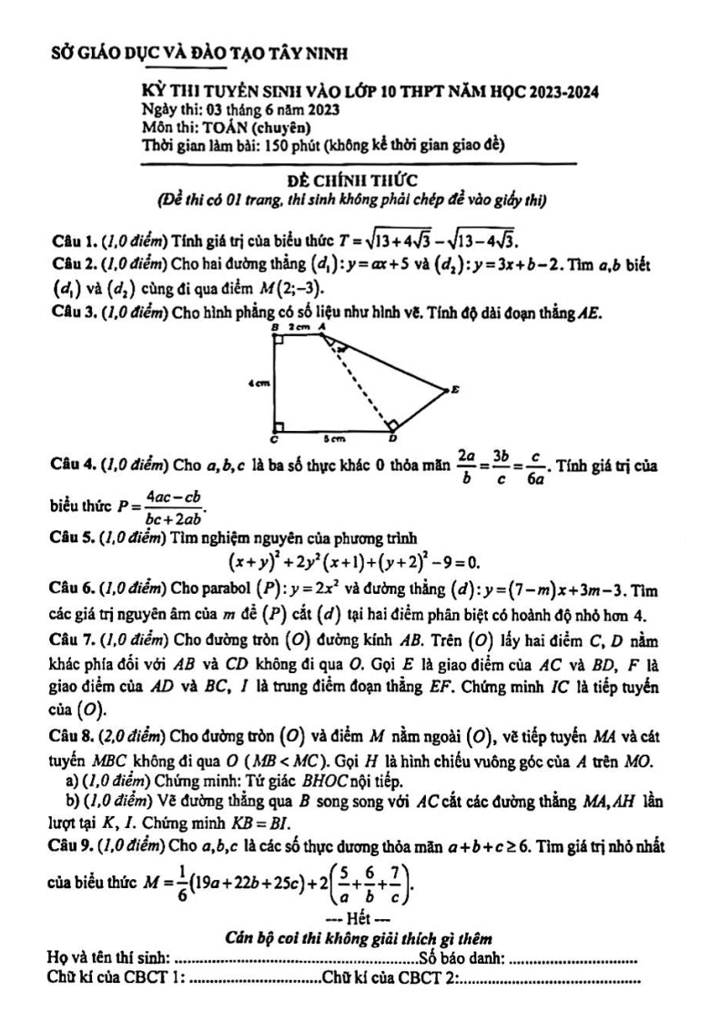 Đề thi vào 10 Toán chuyên Tây Ninh năm 2023