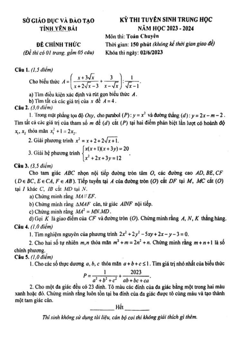Đề thi vào 10 Toán chuyên Yên Bái năm 2023