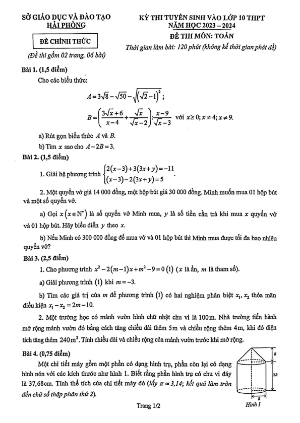 Đề thi vào 10 Toán TP Hải Phòng năm 2023