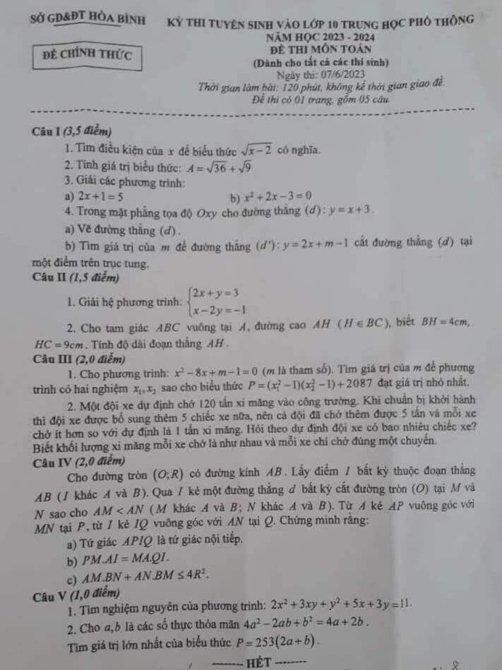 Đề thi vào 10 Toán Hòa Bình năm 2023
