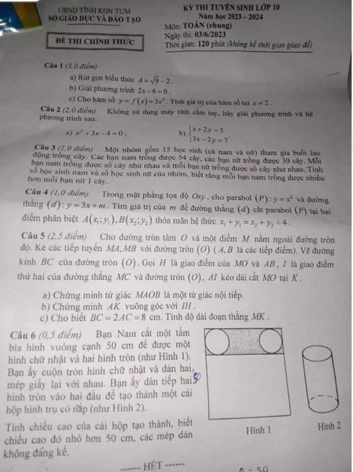 Đề thi vào 10 Toán Kom Tum năm 2023