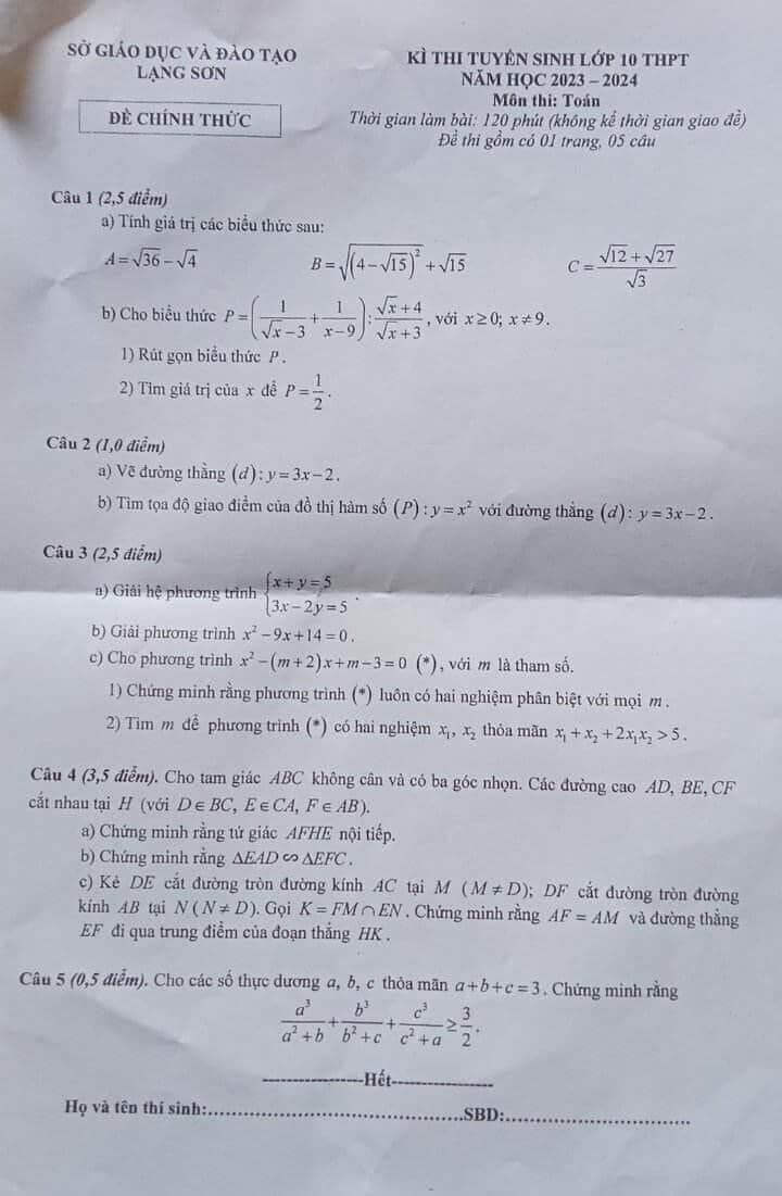 Đề thi vào 10 Toán Lạng Sơn năm 2023