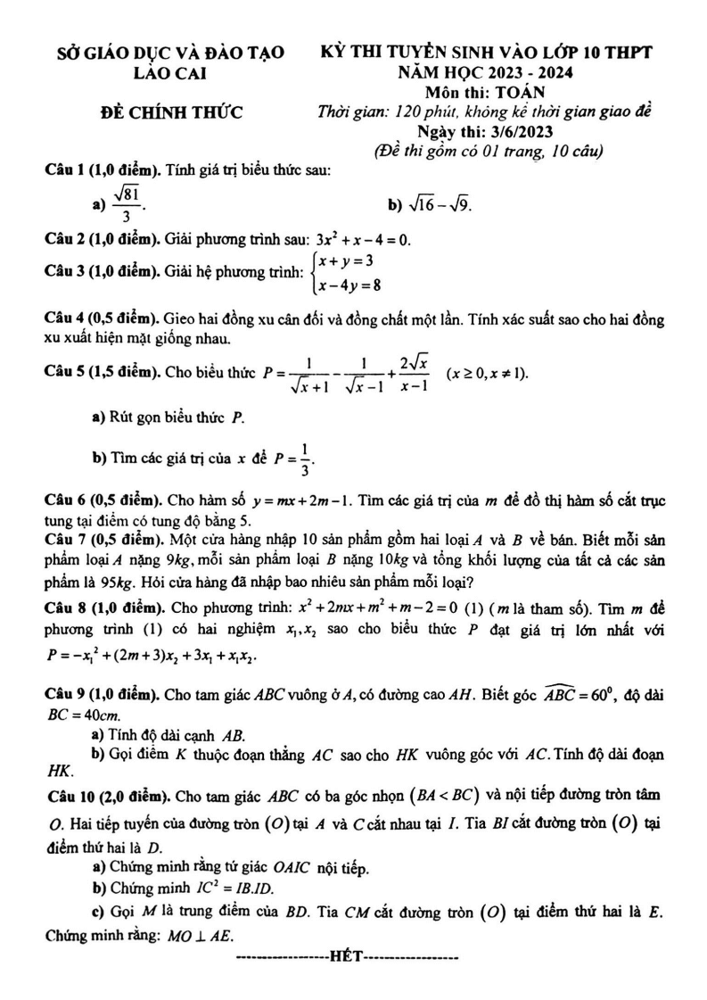 Đề thi vào 10 Toán Lào Cai năm 2023