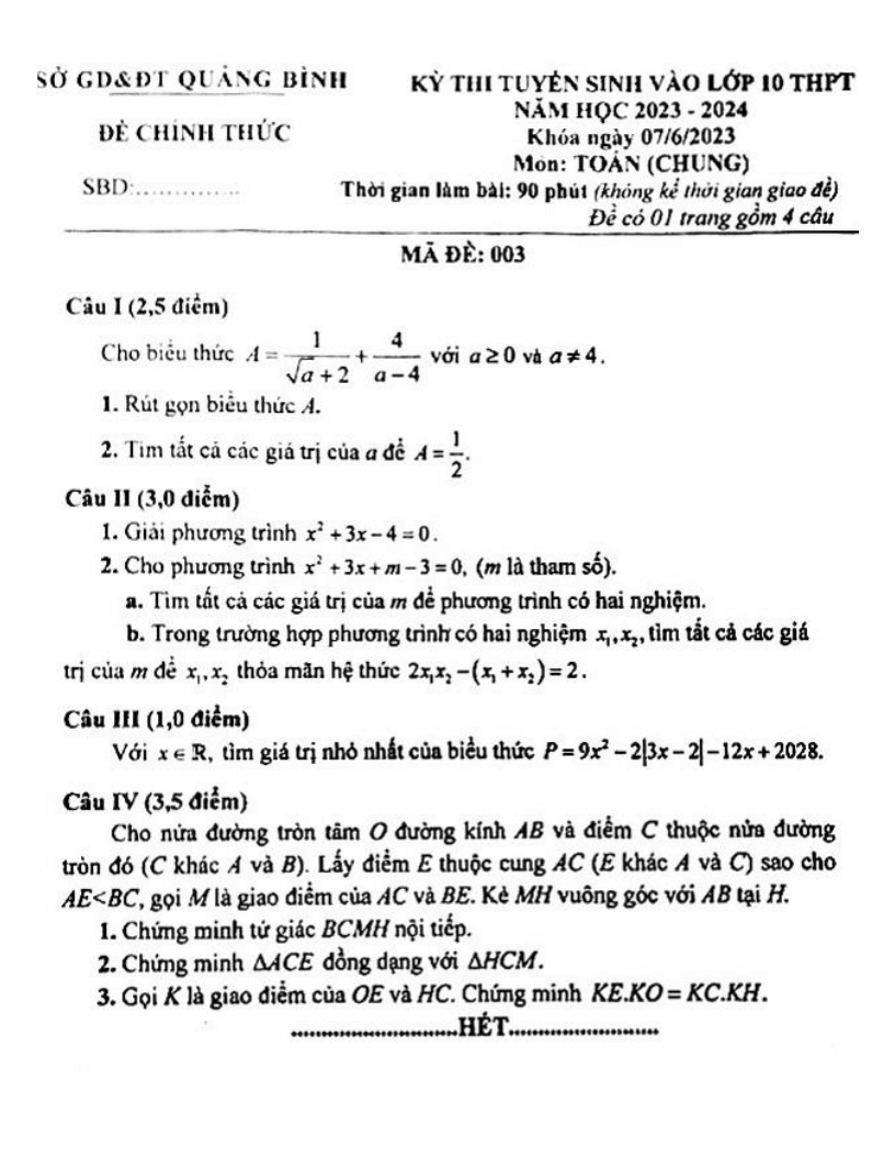 Đề thi vào 10 Toán Quảng Bình năm 2023