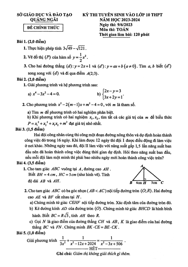 Đề thi vào 10 Toán Quảng Ngãi năm 2023