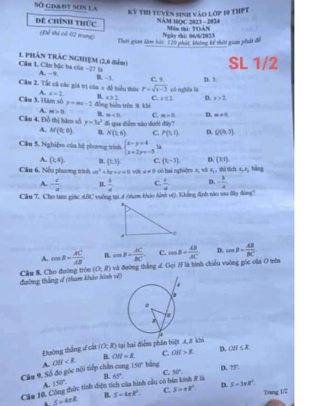 Đề thi vào 10 Toán Sơn La năm 2023