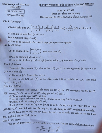 Đề thi vào 10 Toán Thái Bình năm 2023