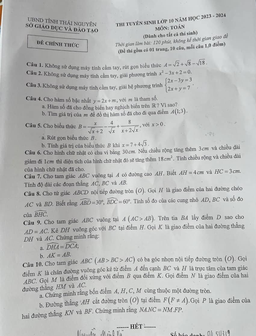 Đề thi vào 10 Toán Thái Nguyên năm 2023